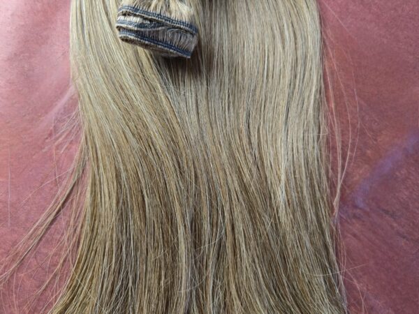 Echthaar Machine Weft Tresse 45 cm, Helles Aschbraun 4Q mit Sandblond 18C Strähnen, glatt