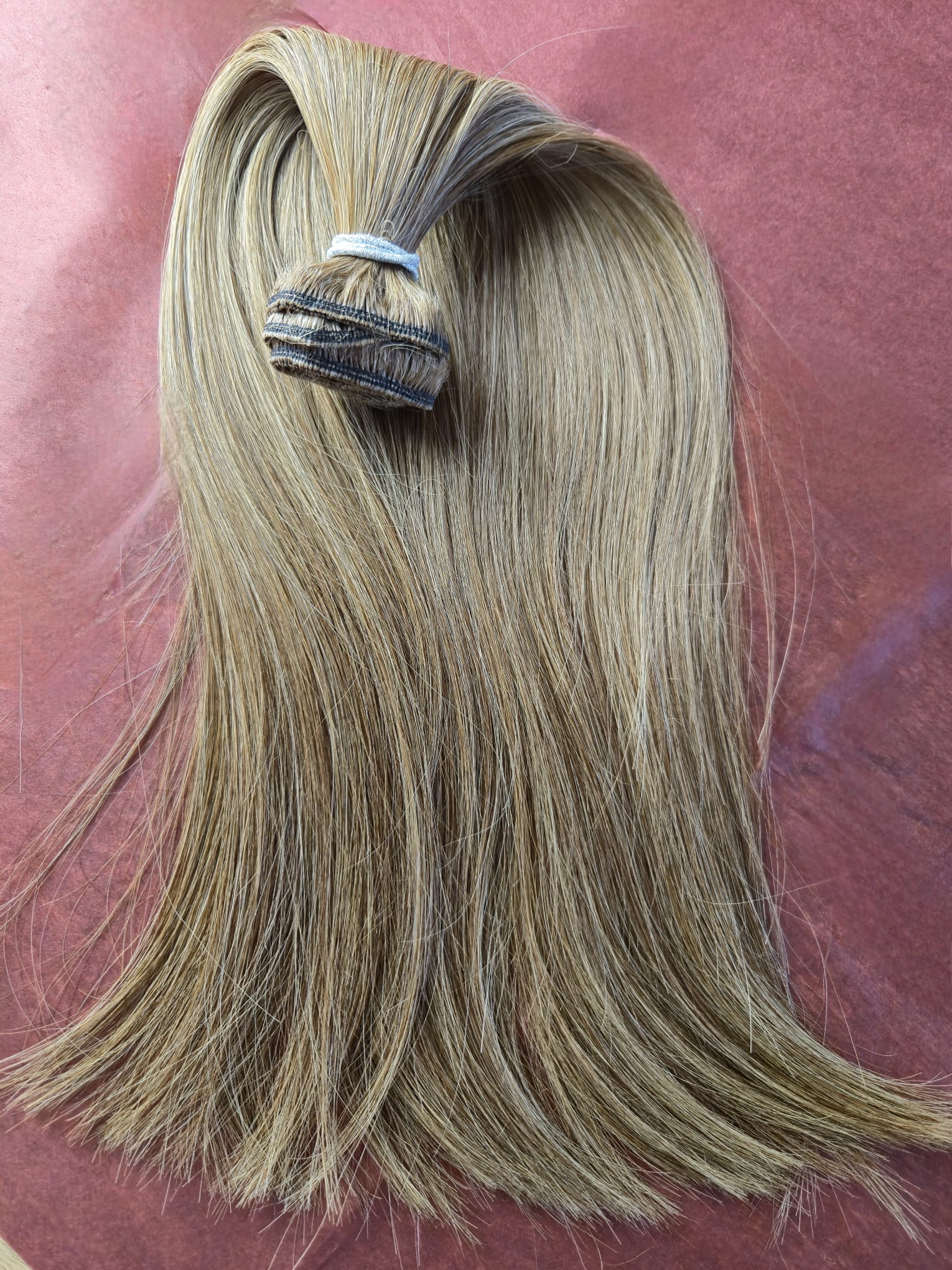 Echthaar Machine Weft Tresse 45 cm, Helles Aschbraun 4Q mit Sandblond 18C Strähnen, glatt