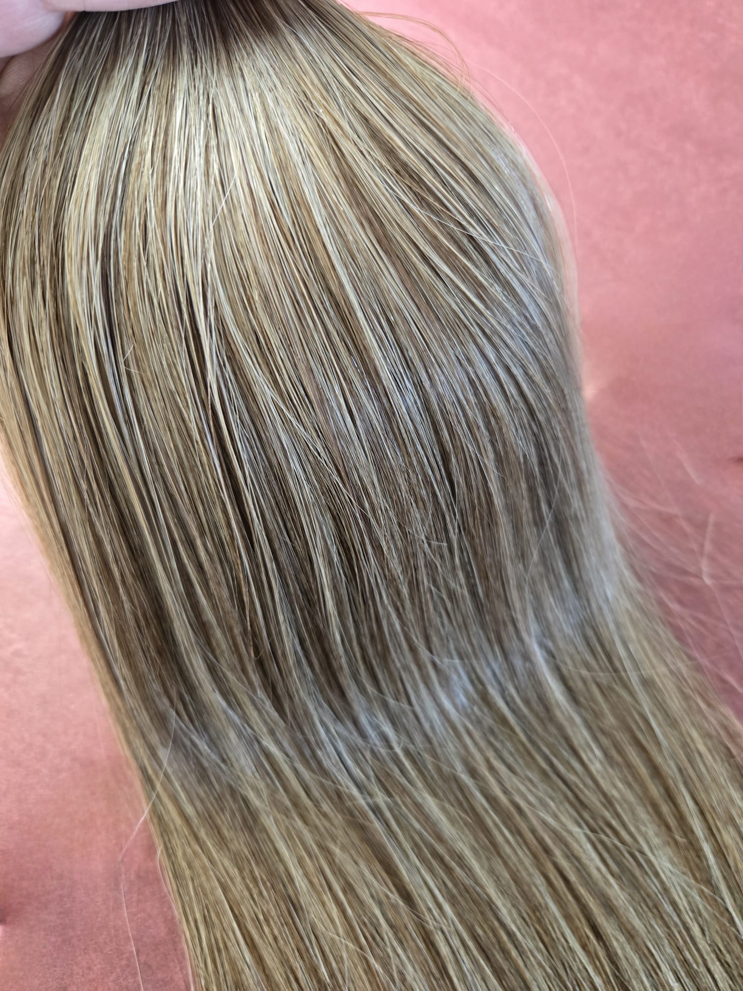 Echthaar Machine Weft Tresse 45 cm, Helles Aschbraun #4Q mit Sandblond #18C Strähnen, glatt