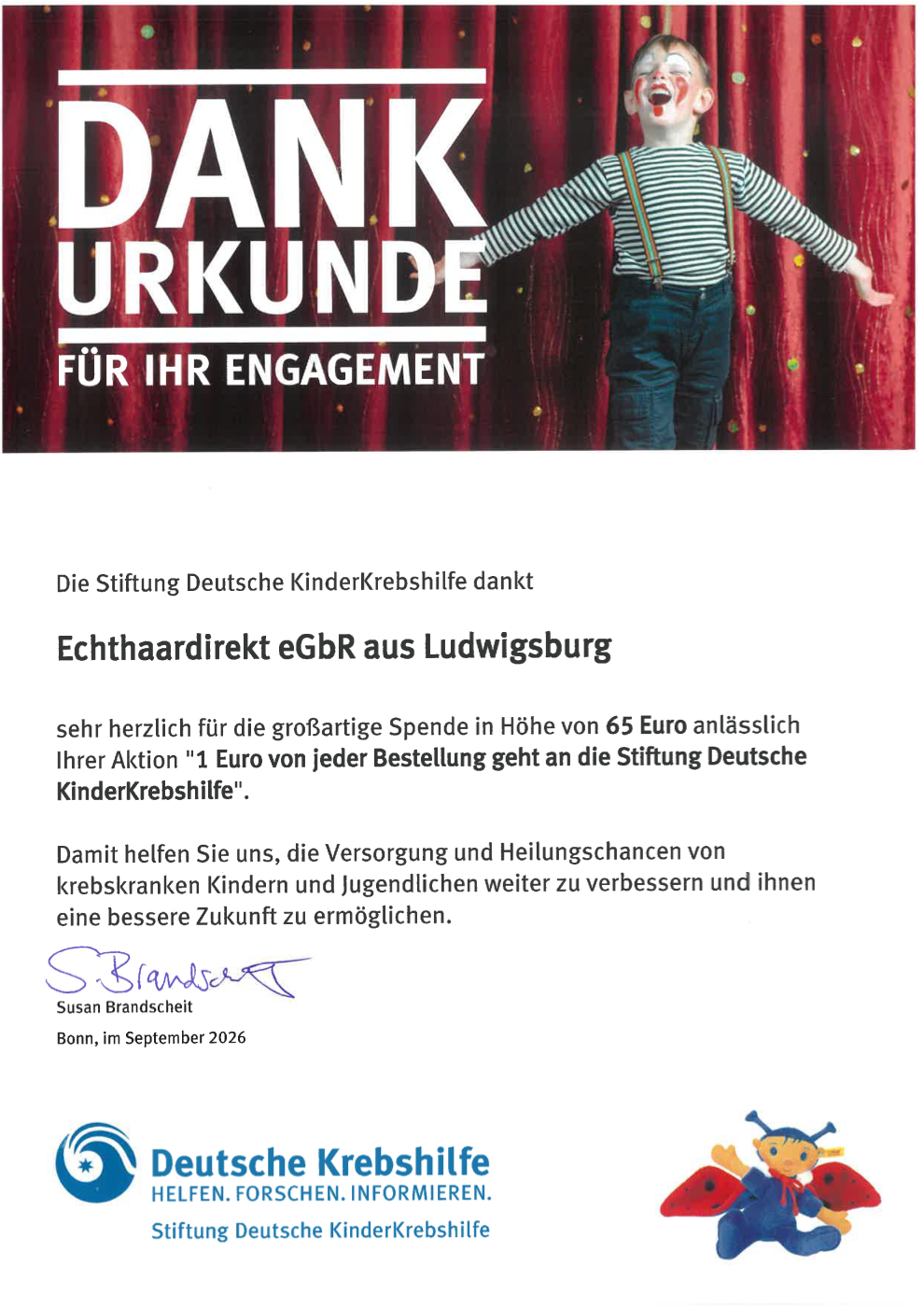 Dankurkunde der Stiftung Deutsche KinderKrebshilfe für Echthaardirekt